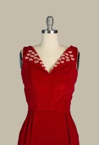 1950s Vintage Red Velvet Evening Gown, 1950s Hollywood Style, Low Back, Tiered Skirt, Mid Century - Fashionconservatory.com