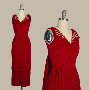 1950s Vintage Red Velvet Evening Gown, 1950s Hollywood Style, Low Back, Tiered Skirt, Mid Century