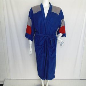 Velour Robe, OS, Colorblock, Sash belt, Pockets, 3/4 sleeves, Blue, Red, Gray