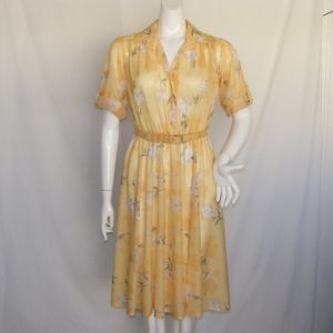 WILLI of California Yellow Dress, 6/8, Floral, Career, Belt, Short sleeves