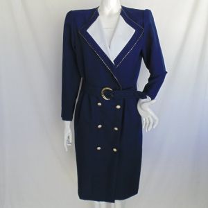 Navy & White Career Dress, Faux Double Breasted, Belt, Shoulder pads, Poly, Long Sleeve