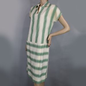 Green & Cream Striped Silk Vintage 20s Drop Waist Dress - Fashionconservatory.com