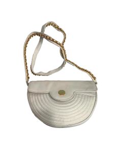 80s 90s White Leather Semi Circle Shoulder Bag Gold Chain Accents
