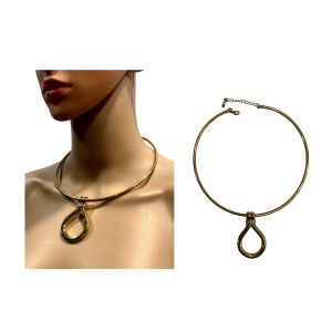 70s Modernist Gold Hoop Choker Necklace w Drop Pendant 