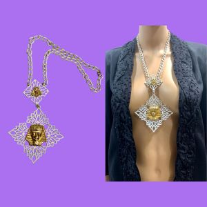 70s King Tut Mania Large White & Gold Pendant Necklace