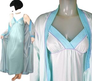 Nylon Peignoir Set with Long Wrap Robe & Nightgown, Aqua & Lavender Retro Lingerie ~ 70s - Fashionconservatory.com