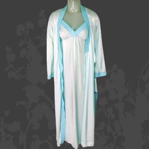 Nylon Peignoir Set with Long Wrap Robe & Nightgown, Aqua & Lavender Retro Lingerie ~ 70s