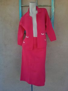 1960s Red Wool Knit Suit 2 Pc Sz M W28
