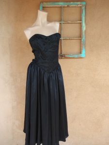 1980s Black Satin Strapless Dress 50s Style Sz M