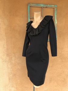 1960s Black Wool Wiggle Dress Ruffled Collar Sz S B34 - Fashionconservatory.com