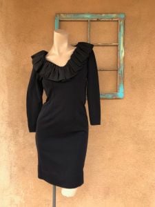 1960s Black Wool Wiggle Dress Ruffled Collar Sz S B34