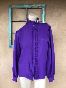 1980s Purple Polyester Blouse 1940s Style Sz S M