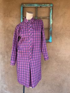 1960s Purple Plaid Shirtdress Sz M