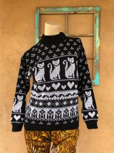 1980s Cat and Hearts Sweater Acrylic Sz S M