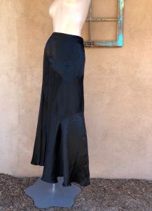 1930s Black Satin Skirt Bias Cut Maxi Length W28