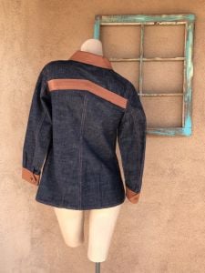 1970s Womens Denim Jacket Leather Trim Patch Pocket Sz S M