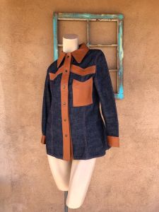 1970s Womens Denim Jacket Leather Trim Patch Pocket Sz S M - Fashionconservatory.com