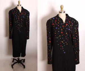 1980s Multi-Colored Rainbow Gemstone Bedazzled Black Knit Long Sleeve Christmas Dress by Pia Rucci