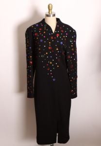 1980s Multi-Colored Rainbow Gemstone Bedazzled Black Knit Long Sleeve Christmas Dress by Pia Rucci - Fashionconservatory.com