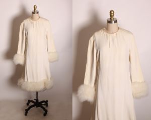 1960s White Long Sleeve Fuzzy Marabou Trim Cuffs and Hem Holiday Dress by Christian Dior Harzfelds