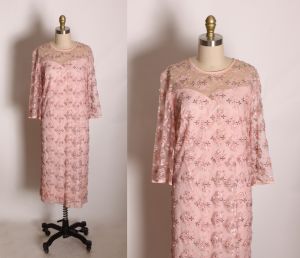 1960s Sheer Pink Lace Sequin Beaded 3/4 Length Sleeve Volup Shift Dress by Baronessa