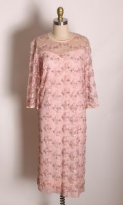 1960s Sheer Pink Lace Sequin Beaded 3/4 Length Sleeve Volup Shift Dress by Baronessa - Fashionconservatory.com