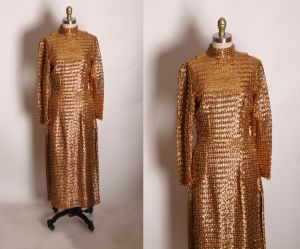 1960s Gold Metallic Sequin Bracelet Sleeve High Cut Side Slit Burlesque Showgirl Dress