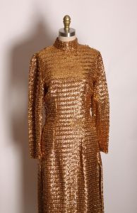 1960s Gold Metallic Sequin Bracelet Sleeve High Cut Side Slit Burlesque Showgirl Dress - Fashionconservatory.com