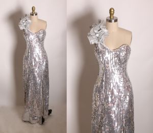 1980s Silver Metallic Sequin Ruffle One Shoulder Leg Split Full Length Formal Prom Dress 