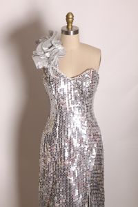 1980s Silver Metallic Sequin Ruffle One Shoulder Leg Split Full Length Formal Prom Dress  - Fashionconservatory.com