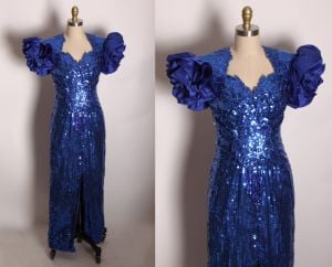 1980s Blue Sequin Ruffle Short Sleeve Full Length Leg Split Back Beaded Fringe Formal Prom Dress 