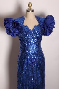 1980s Blue Sequin Ruffle Short Sleeve Full Length Leg Split Back Beaded Fringe Formal Prom Dress  - Fashionconservatory.com