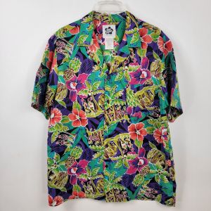 Vintage Hilo Hattie Hawaiian Shirt Floral Pineapple Hula Girls