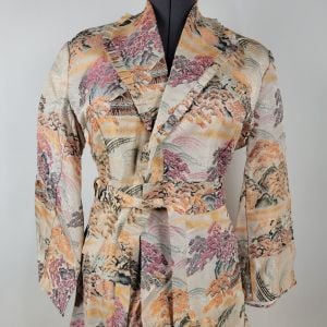 Vintage 1950s Brocade Robe w/ Belt Wrap Dress Asian Trees & Houses - Fashionconservatory.com