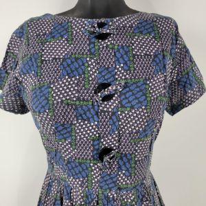 Vintage 1950s Mode O' Day California Cotton Blue & Purple Dress - Fashionconservatory.com