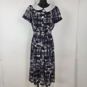 Vintage Nelly Don 1950s Navy Blue & White Dress Button Front 