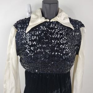 Vintage 1970s Long Velvet Sequin Gown Dress Long Sleeved & Collared - Fashionconservatory.com