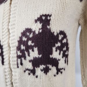 Vintage Hand Knit Cowichan Thunderbird Eagle Wool Full Zip Cream & Brown Sweater - Fashionconservatory.com