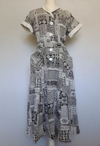 Vintage Early 1950's Black and White Shirtwaist Dress Amazing Print 29'' Waist