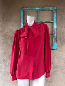1980s Lipstick Red Blouse Secretary Style with Bow Sz S M