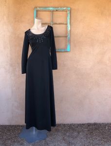 1970s Black Maxi Dress Prong Set Rhinestones Sz M