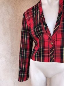 1980s Red Plaid Blazer Jacket Sz S M - Fashionconservatory.com