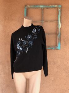 1960s Beaded Black Sweater Wool Blend Sz S M