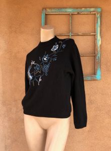 1960s Beaded Black Sweater Wool Blend Sz S M - Fashionconservatory.com