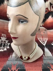 1980s Pearl Necklace w Enamel Rhinestone Pendant - Fashionconservatory.com