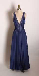 1980s Navy Blue Lace Detail Night Gown with Matching Full Length Lace Detail Robe by Olga 94280 - Fashionconservatory.com