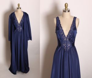 1980s Navy Blue Lace Detail Night Gown with Matching Full Length Lace Detail Robe by Olga 94280