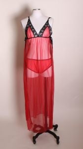 1960s Red and Black Lingerie Open Side Night Gown with Matching Panties and Open Sleeve Robe Lingeri - Fashionconservatory.com