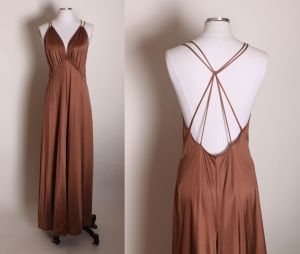 1960s Brown Criss Cross Back Spaghetti Strap Full Length Wide Leg Palazzo One Piece Lingerie Jumpsui