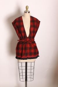 1970s Red and Black Plaid Fringe Hem Sleeveless Pullover Belted Vest  - Fashionconservatory.com